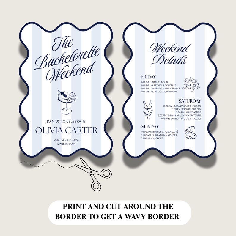 May include: Two invitation cards with a wavy border, featuring a blue and white striped background. The left card reads "The Bachelorette Weekend" and the right card lists weekend details. Includes text: "Join us to celebrate Olivia Carter."