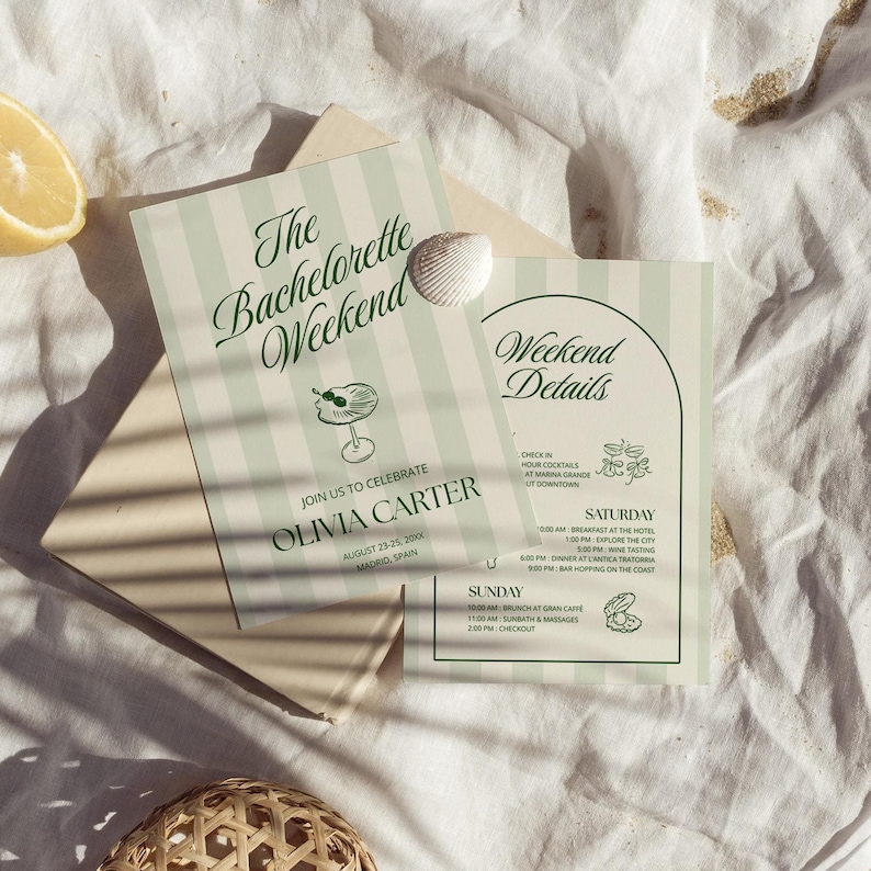 May include: Two light green and white striped invitations for a bachelorette weekend. The main invitation reads "The Bachelorette Weekend" with details for Olivia Carter's celebration in Madrid, Spain. A seashell rests on the invitations.