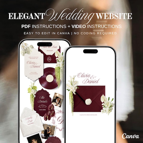 Burgundy and Ivory Wedding Website Template with RSVP, Countdown and Music | Elegant Editable Old Money Canva Site Digital Invitation