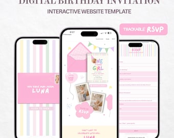 以下が含まれることがあります： 3台のスマートフォンに表示されたデジタル誕生日招待状のインタラクティブなウェブサイトテンプレート。画面にはパステルカラーのストライプ、YOU HAVE MAIL FROM LUNAというテキストが書かれたピンクの封筒、フォトギャラリー、追跡可能なRSVPフォームが表示されています。