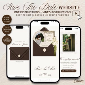 May include: Three smartphones displaying a digital Save The Date website template. The screens show a brown envelope graphic, a photo of a couple, the text James Moore & Kristen Miller, and the date July 7th 2027. Includes RSVP and calendar options.