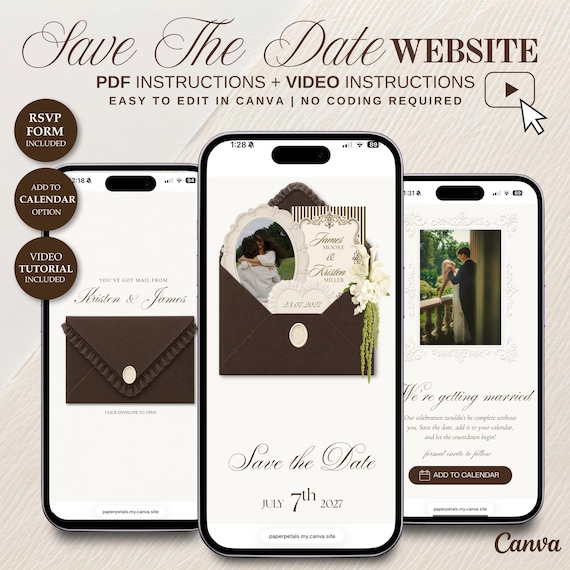 Brown & Ivory  Save The Date Website Template | Green Digital Invitation with RSVP | Embedded Countdown |  Canva Website Template