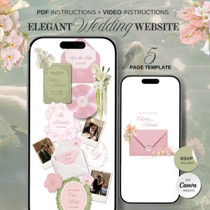 Könnte beinhalten: Zwei Smartphones zeigen eine Hochzeits-Website-Vorlage mit rosa und salbeigrünen Akzenten. Die Bildschirme enthalten Text wie ELEGANT WEDDING WEBSITE, 5 PAGE TEMPLATE, RSVP INCLUDED und DIY CANVA WEBSITE, neben Blumengrafiken, Fotos und Umschlägen.