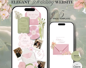 Blush Pink & Sage Green Wedding Website Template with RSVP, Countdown and Music | Elegant Editable Canva Websit Digital Invitation