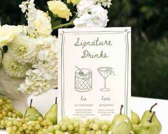 Wedding Bar Menu, Signature Drink Menu, Cocktail Menu, Hand Drawn, His and Hers Drinks, Signature cocktails sign, Wedding Cocktail Sign