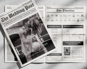 Hochzeitszeitungsvorlage mit Foto, Zeitungshochzeitsvorlage, Hochzeitsprogrammzeitung, bearbeitbarer Zeitungsreiseplan, Brautzeiten