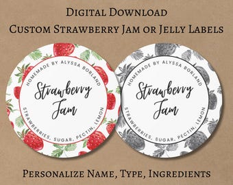 Custom Strawberry Jam/Jelly Labels, Personalized Homemade Jam Labels, Canning Stickers, Color and Black & White Design (Digital Download)