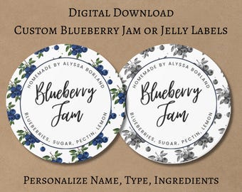 Etiquetas personalizadas para mermelada de arándanos, etiquetas personalizadas para mermelada casera, pegatinas para conservas, diseño a color y en blanco y negro (descarga digital)