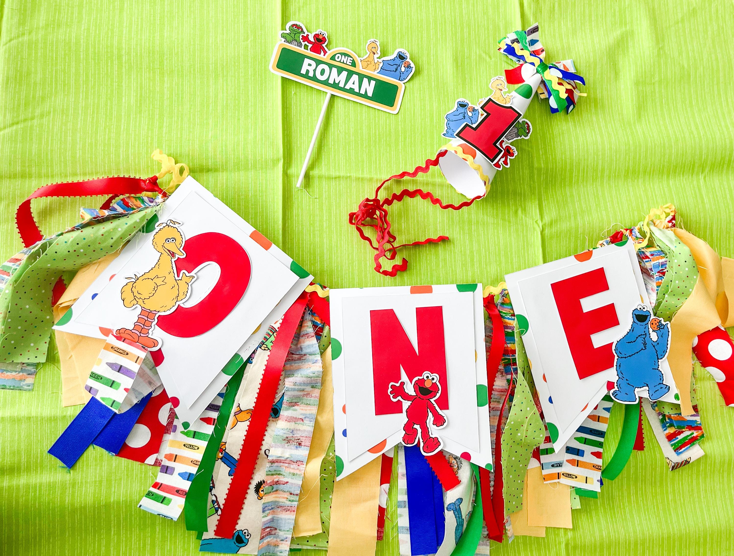 Sesame Street Birthday Party Decor Set – Elmo Cake Topper, Highchair Banner, Cupcake Toppers & Party Hat – First Birthday Decorations