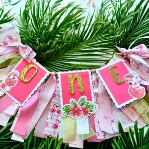 Flamingo First Birthday Party Decor | Highchair Banner, Cake Topper, Party Hat | Pink Tropical Summer Girl Theme | Custom Party Decorations