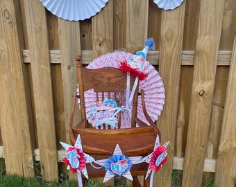 Patriotic First Birthday Set: Highchair Banner, Party Hat & Cake Topper