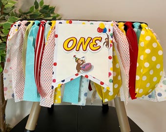 Curious George First Birthday Banner: Highchair Decor, Smash Cake Photo Prop