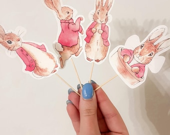Pink Peter Rabbit Cupcake Toppers - Beatrix Potter Baby Shower, Set of 24
