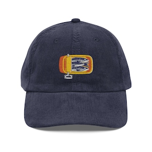 Embroidered Sardines Cap, Fisherman Aesthetic Corduroy Hat, Vintage Fishing Hat, Coastal Accessory Cap, Embroidered Cap, Camping Hat