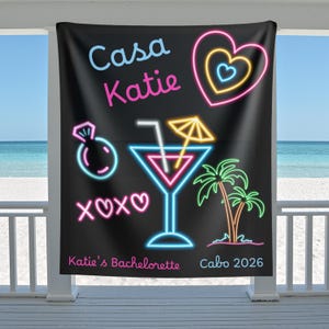 Tapiz personalizado para despedida de soltera, fondo de la isla Bach, fondo de confesionario de villa, decoración tropical para despedida de soltera, pancarta nupcial