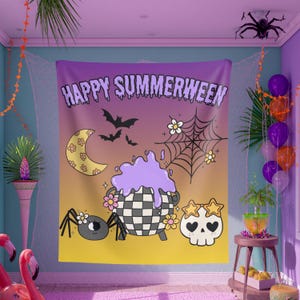 May include: A rectangular wall tapestry featuring a purple to yellow gradient background with the text Happy Summerween in a dripping font. Graphics include a checkered cauldron with purple liquid, a crescent moon, a spider, a web, and a skull.