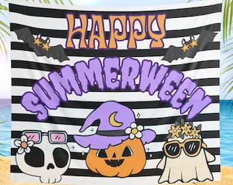 Gobelin na imprezę Summerween, letnia dekoracja na Halloween, dekoracja ścienna Summerween, upiorne przyjęcie urodzinowe, letnia impreza przy basenie dla dzieci