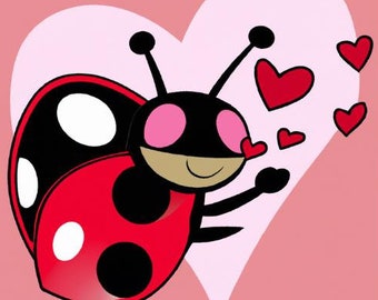 Könnte beinhalten: Ein Cartoon-Marienkäfer mit rosa Wangen und großen Augen sendet Herzen. Der Marienkäfer ist rot mit schwarzen Punkten und hat schwarze Beine und Fühler. Der Hintergrund ist rosa mit einem weißen Herzen.