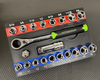 Harbor Freight Pittsburgh Pass-Thru Ratchet 21pc Chrome Socket Set Organizer w/ Magnet Slots