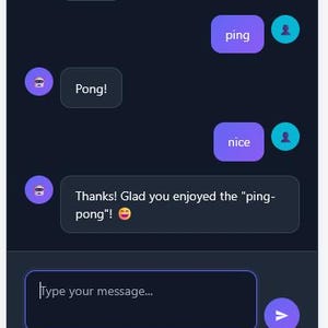 May include: A dark blue digital interface with a chat conversation. The top bar reads "AI Assistant" and "Online." Messages include "Pong!", "ping", and "nice." The last message says, "Thanks! Glad you enjoyed the 'ping-pong'!" with a smiley face.