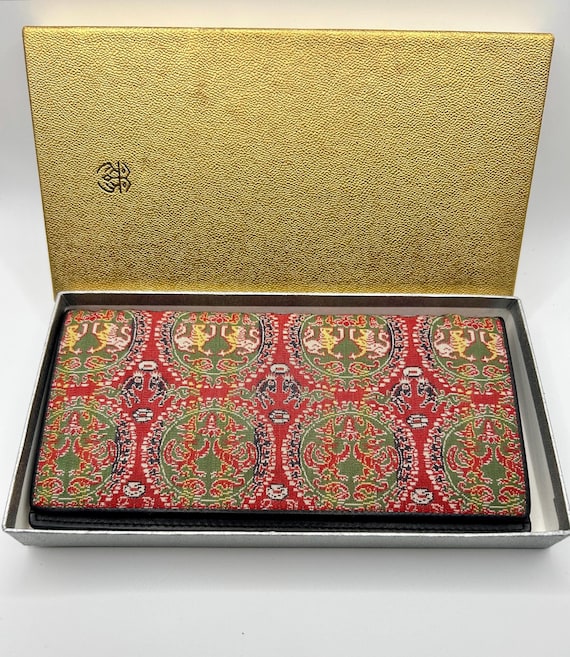 Vintage Tatsumura Brocade Wallet – Tiger & Bird Silk, Leather Clutch