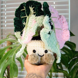 May include: A handmade crochet plant with a smiling face. The plant has a cream-colored pot, tan feet, and large green, pink, and light green leaves. The leaves are arranged around the top of the pot, creating a whimsical and cheerful appearance.