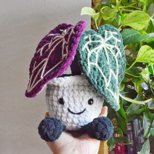 May include: A crocheted plant pot with a smiling face, dark blue feet, and two large leaves. One leaf is purple with white veins, and the other is green with white veins. The pot is gray and white.