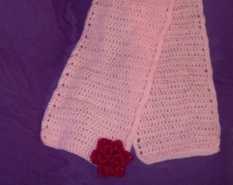 Crochet Light Pink Scarf, Hot Pink Flower Applique,  Women's Fashion Accessory