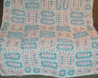 Cluster Granny Square Afghan, Large Popcorn Stitch Blanket, Pink Blue And White, Geometric Blanket