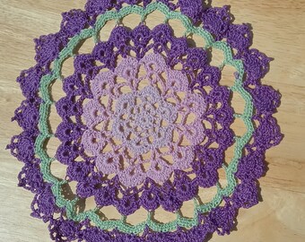 Handmade Crochet Doily, Purple Lavender Mint Green Cotton Lace, 8 Inch Floral Table Centerpiece