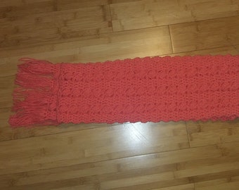 Knee Length Fringed Cluster And Scalloped Scarf, Persimmon Color, Extra Long Winter Wrap