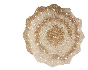 Six Inch Small  Glitter Round Ripple Table Decoration, Crochet Centerpiece, White And Gold, Coaster