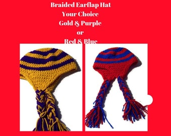 Braided Earflap Hat, Unisex, Striped Crochet Cap, Your Choice Of Gold And Purple Or Red And Blue