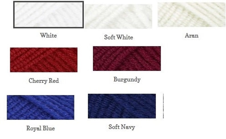 May include: A selection of yarn skeins in a range of colours. The palette includes white, soft white, Aran, cherry red, burgundy, royal blue, and soft navy. Each colour is labelled with its name.