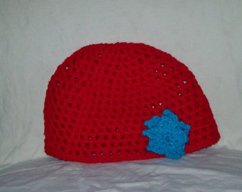 Red Mesh Skull Cap, Turquoise Flower, Size Teen To Adult, Women's Crochet Hat