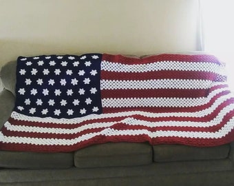 American Flag Afghan,  Stars And Stripes,  Made To Order , Custom Made, Your Choices Of Shade Of Red White Blue,  Crochet  Patriotic Blanket