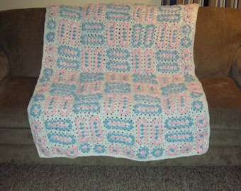 Cluster Granny Square Afghan, Large Popcorn Stitch Blanket, Pink Blue And White, Geometric Blanket