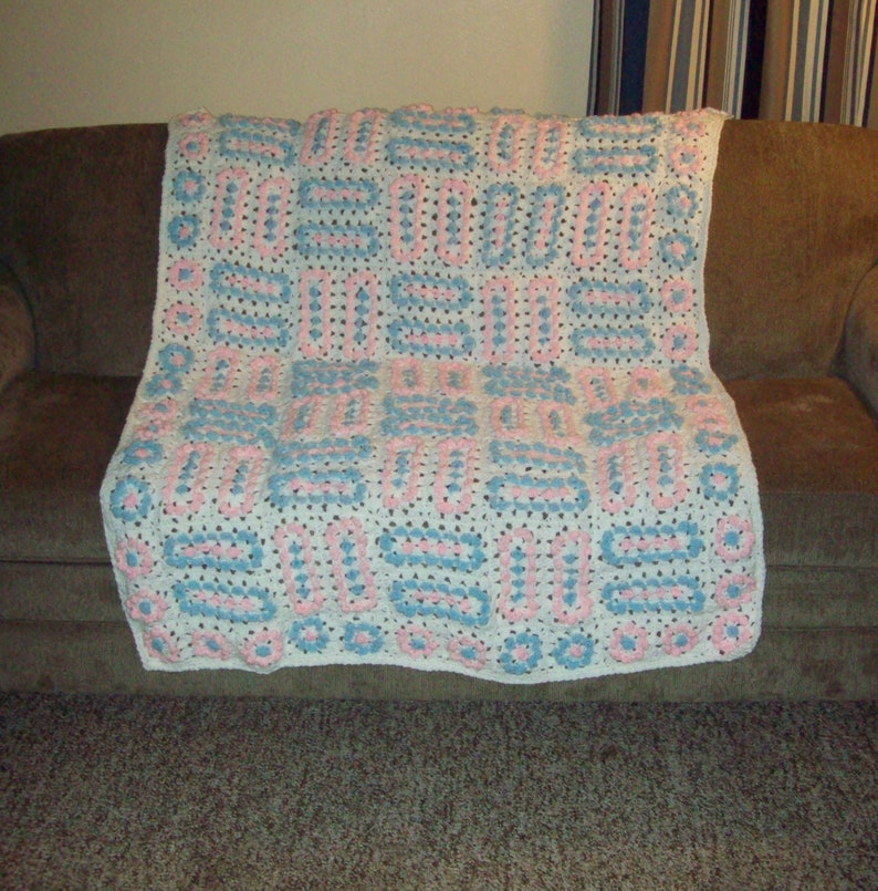 Cluster Granny Square Afghan Large Baby Blanket Pink Blue image 0