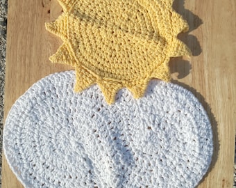 Cloud And Sun Dishcloth, Set Of Two, White And Yellow Crochet Washcloth, Cleaning Cloths