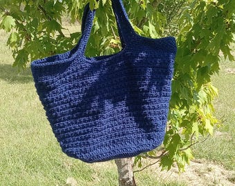 Criss Cross Tote , Book Bag, Reversible, Soft Navy, Reusable Crochet Bag