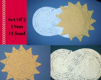 Cloud And Sun Dishcloth, Set Of Two, White And Yellow Crochet Washcloth, Cleaning Cloths