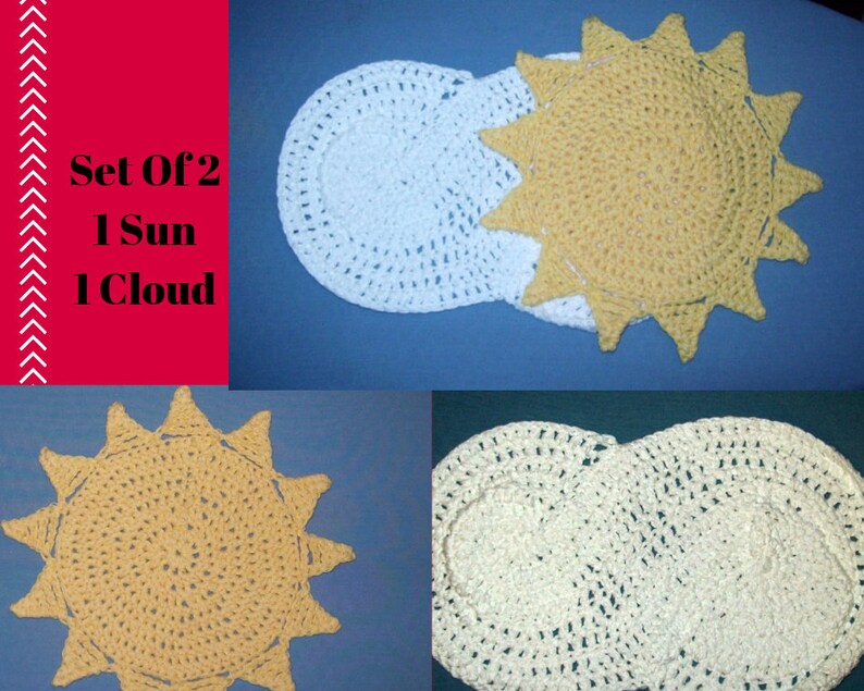 Cloud And Sun Dishcloth Set Of Two White And Yellow Crochet image 0