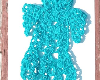 Aqua Angel Doily, Bookmark, Ornament, Decoration, Crochet Cherub