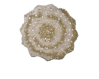 Six Inch Small  Glitter Round Ripple Table Decoration, Crochet Centerpiece, White And Gold, Coaster