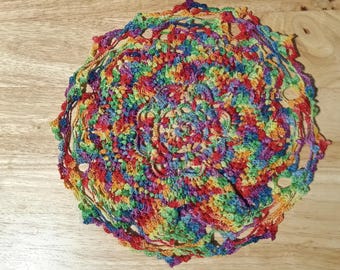 Rainbow Crochet Mandala Doily, Colorful Boho Table Decor, Handmade 11 Inch Lace Floral Centerpiece