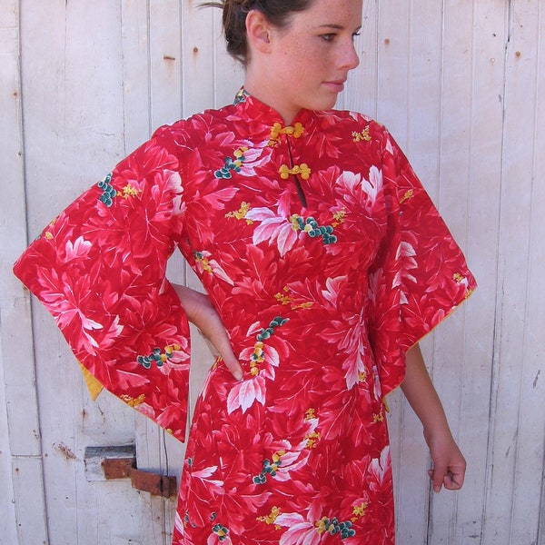 vintage 50s  Hawaiian dress red floral print hostess dress by Hale Hawaii