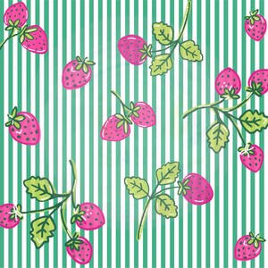 May include: A repeating pattern of pink strawberries with green leaves and stems on a background of vertical white and green stripes. The strawberries have small black seeds and are in various stages of growth.
