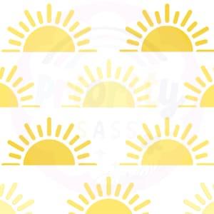 Könnte beinhalten: Ein sich wiederholendes Muster aus gelben Sonnen-Illustrationen auf weißem Hintergrund. Jede Sonne ist ein Halbkreis mit Strahlen, wodurch ein fröhliches und helles Design entsteht. Das Design ist einfach und sauber.