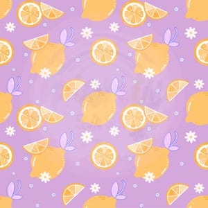 May include: A repeating pattern of yellow lemons, lemon slices, white flowers, and lavender leaves on a light purple background. The lemons have a glossy appearance, and the design is whimsical and cheerful.