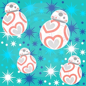 May include: A repeating pattern featuring four BB-8 droid illustrations with heart-shaped designs in red and gray on a white background. The droids are set against a teal background with blue and white starbursts and dots.